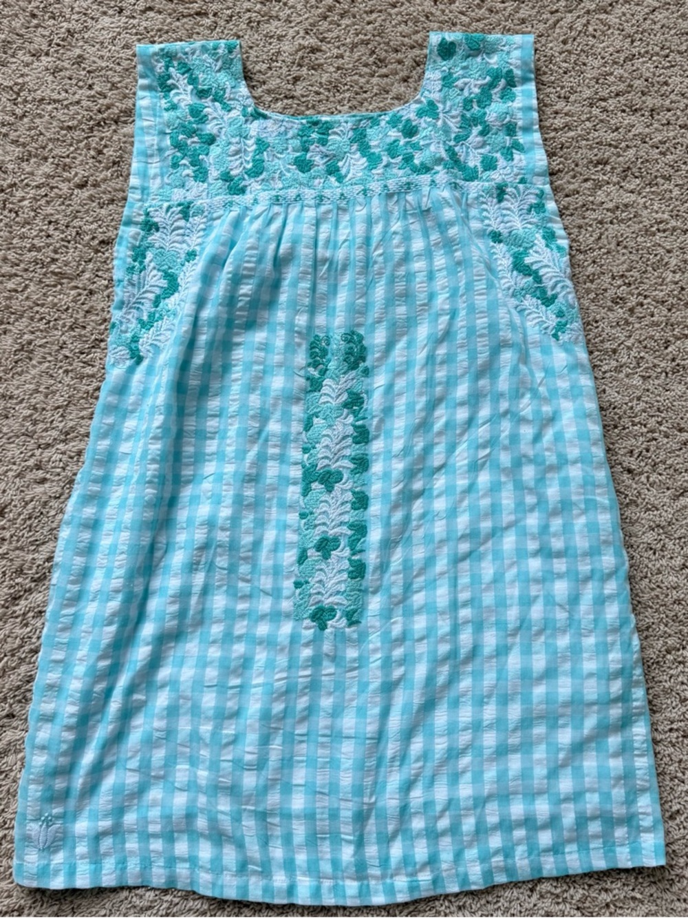 Embroidered Aqua Gingham Cotton dress